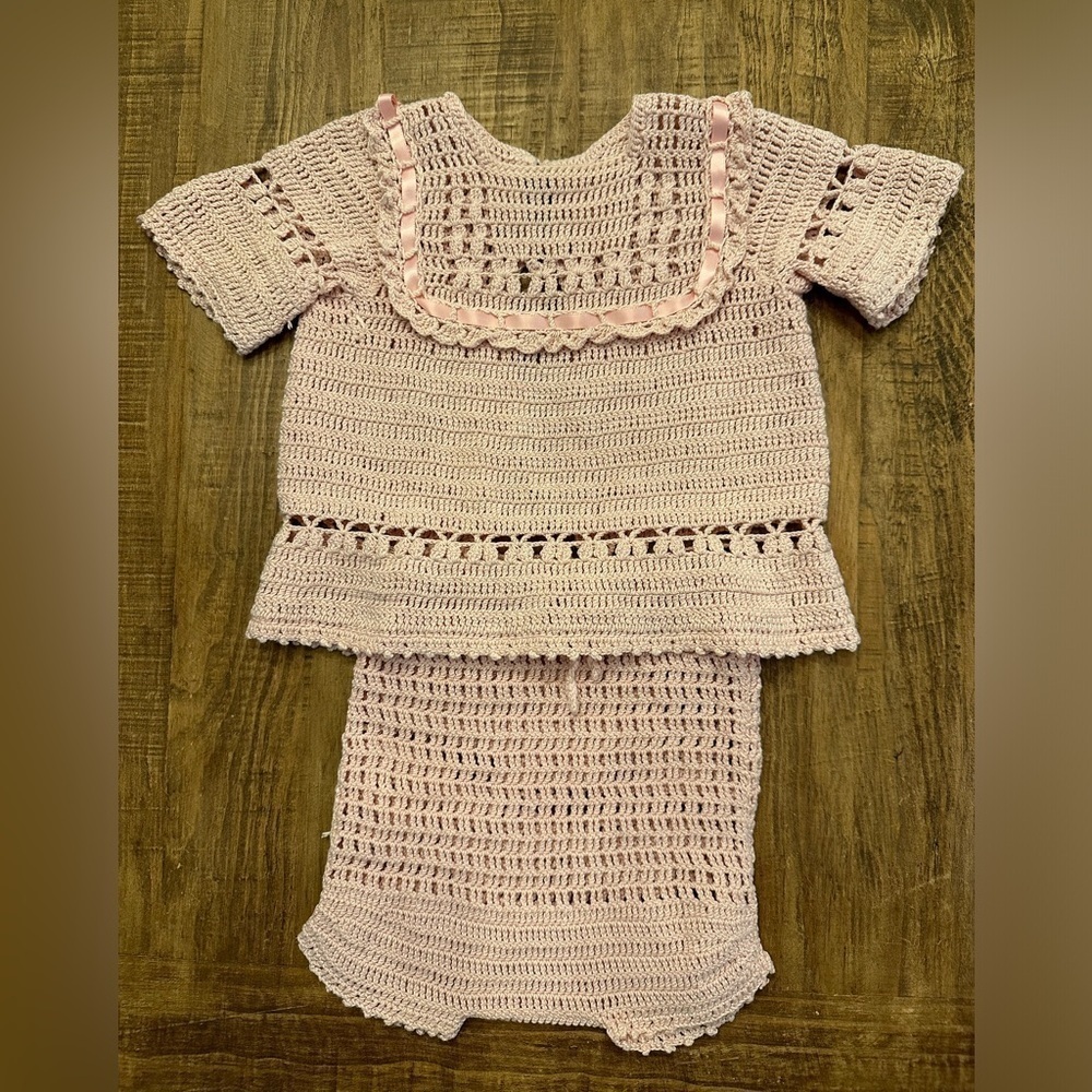 Vintage Baby 2-piece hand crafted knitted/crocheted Pink dress with shorts.